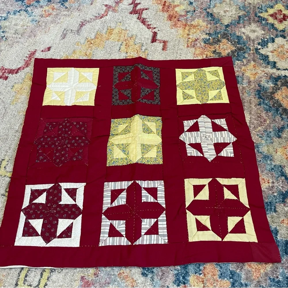Vintage handmade quilted side table cloth 38 x 39” red floral cottage core